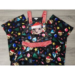 LOVE ON A HANGER Womens XS Black Christmas Cat Velour Overalls Pockets Pre-Owned